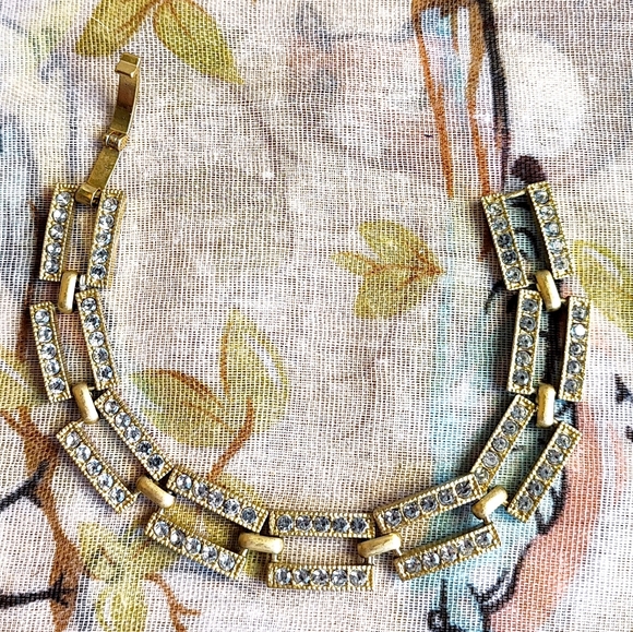 Unsigned Brass Tone Matte Clear Rhinestone Encrusted Rectangular Link Bracelet - Picture 5 of 14